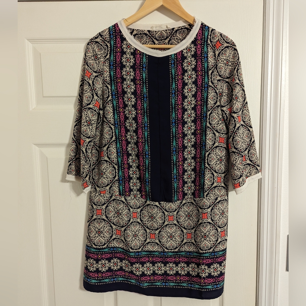 HUG Dress Blue And Beige Multicolor 3/4 sleeves size small Boho